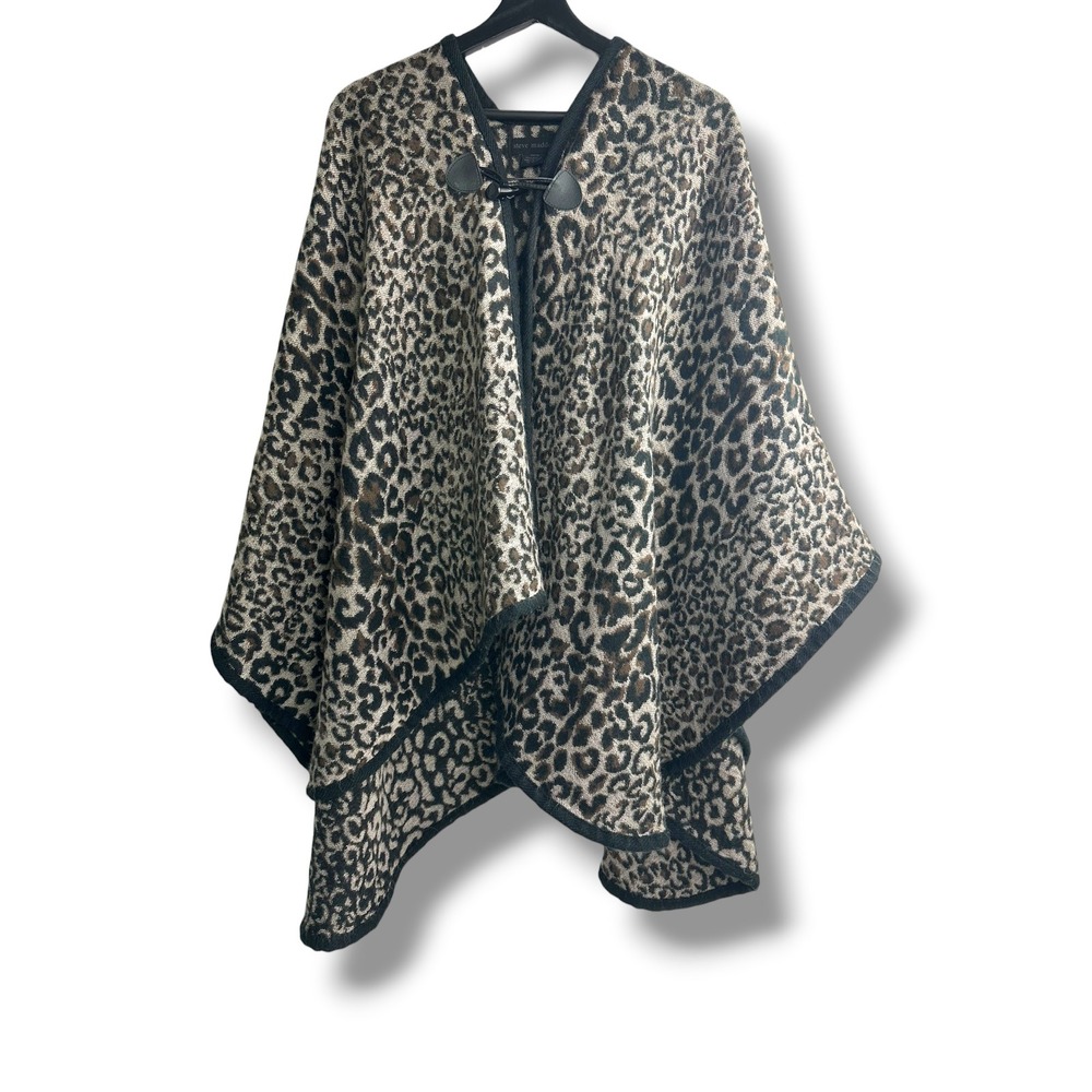 Steve Madden Leopard Print Toggle Closure Poncho Wrap OSFM Brown Black Tan Knit